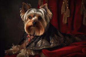 ai généré. ai génératif. La peinture de une Yorkshire terrier dans Renaissance Vêtements réaliste illustration. ancien rétro élite ambiance. graphique art photo