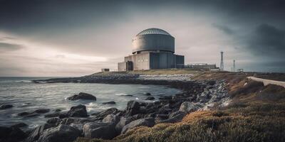 ai génératif, ai généré. nucléaire atomique Puissance plante électrique stration. foncé ambiance écologie danger ambiance. graphique art photo