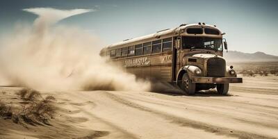 ai généré. ai génératif. photo réaliste illustration de autobus équitation dans le desrt sur le route. furieux max film inspiré. graphique art
