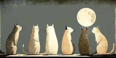 ai généré. dessin animé illustration de chats à la recherche à lune. près la magie romantique ambiance. inspiré par jon klassen. ai génératif. graphique art photo