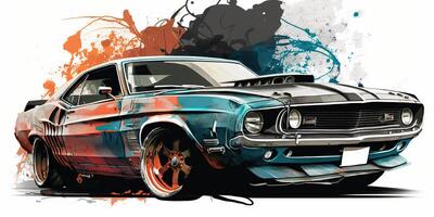 ai généré. réaliste dessin animé illustration de voiture de sport muscle voiture mustang dans ancien rétro style. ai génératif. graphique art photo