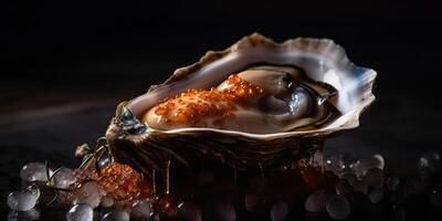ai généré. ai génératif. macro photoréaliste coup de mer océan huître ouvert coquille délicieux nourriture pour du vin. romantique luxe ambiance. graphique art photo