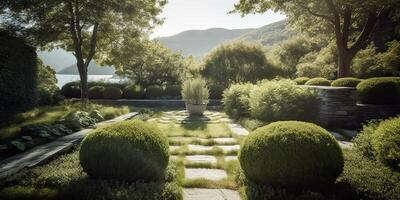 ai généré. ai génératif. photo réaliste illustration de scandinave paix calme méditation jardin à l'extérieur ville maison. se détendre ambiance. graphique art