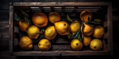 ai généré. ai génératif. photo réaliste illustration de Jaune éco organi citrons citrons verts dans bois rustique ancien boîte. Haut vue ambiance. graphique art