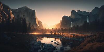 ai généré. ai génératif. photo réaliste illustration de Etats-Unis américain yosemite nationale parc dans le soir Matin. aventure explorer ambiance. graphique art