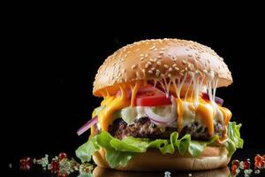 cheeseburger avec fromage, tomate, oignon et salade sur noir Contexte. affiche pour vite nourriture menu. génératif ai photo