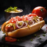 juteux Hot-dog avec épices, garnitures, ketchup, Mayonnaise, et Frais salade. coloré et appétissant contre foncé Contexte. ai généré photo