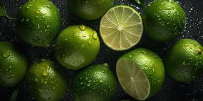 ai génératif. ai généré. macro coup la photographie de tranches citrons verts vert tropical des fruits. graphique art photo