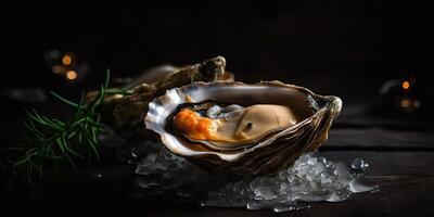 ai généré. ai génératif. macro photoréaliste coup de mer océan huître ouvert coquille délicieux nourriture pour du vin. romantique luxe ambiance. graphique art photo