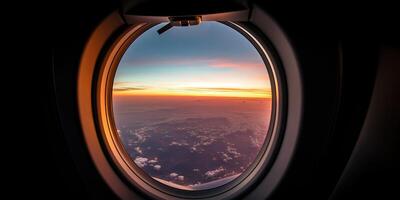 ai généré. ai génératif. photo réaliste illustration de des nuages au dessus ciel en haut dans le air vue par le air avion avion la fenêtre. aventure Voyage vacances ambiance. graphique art