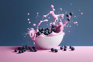 éclaboussure de savoureux yaourt et Frais myrtilles sur violet Contexte. génératif ai photo