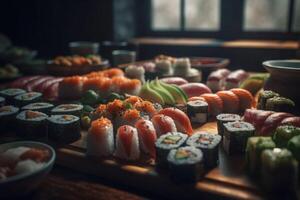 Sushi ensemble Nigiri et Sushi Rouleaux servi sur en bois planche sur foncé Contexte. génératif ai photo