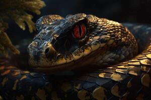 ancien reptile avec rouge yeux. dangereux toxique exotique serpent. génératif ai photo