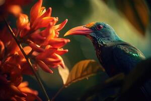 coloré tropical oiseau et magnifique surréaliste fleurs. génératif ai photo