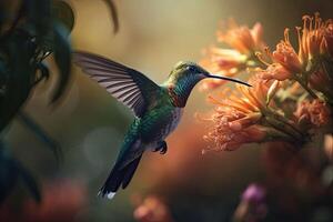 coloré tropical oiseau et surréaliste fleurs. le colibri mouches près à fleur. génératif ai photo