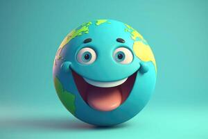 mignonne dessin animé Terre avec souriant affronter. vert et bleu planète. génératif ai photo