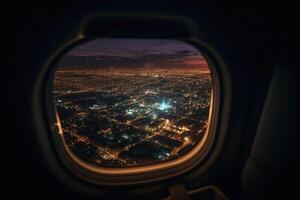 vue de le nuit ville de le avion la fenêtre. nuit paysage urbain. Voyage et tourisme concept. génératif ai photo