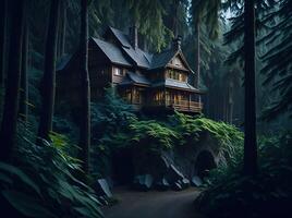 une maison dans une foncé forêt avec le lumières sur ai généré photo