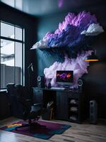 une joueur pièce installer avec une coloré nuage ornement sur le mur ai généré photo