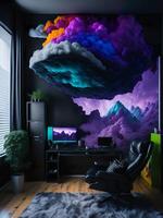 une joueur pièce installer avec une coloré nuage ornement sur le mur ai généré photo