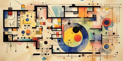 ai généré. ai génératif. abstrait ancien rétro esthétique sol plan Contexte modèle inspiré par wassily kandinski. pouvez être utilisé comme affiche pour Accueil décoration. graphique art photo