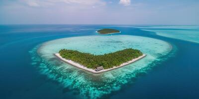 ai généré. ai génératif. aérien drone photo réaliste illustration de île Maldives dans cœur forme. paradis aventure vacances tropical ambiance. graphique art