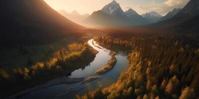 ai généré. ai génératif. aérien drone Haut haute coup photo illustration de vert forêt et rivière. le coucher du soleil aventure ambiance. graphique art