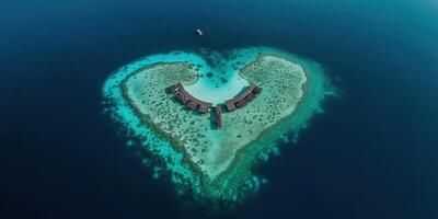 ai généré. ai génératif. aérien drone photo réaliste illustration de île Maldives dans cœur forme. paradis aventure vacances tropical ambiance. graphique art