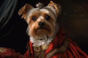 ai généré. ai génératif. La peinture de une Yorkshire terrier dans Renaissance Vêtements réaliste illustration. ancien rétro élite ambiance. graphique art photo