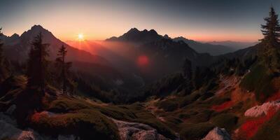 ai généré. ai génératif. photo réaliste illustration de alpen paysage Contexte montagnes une randonnée rochers. aventure randonnée Voyage explorer ambiance. graphique art