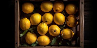 ai généré. ai génératif. photo réaliste illustration de Jaune éco organi citrons citrons verts dans bois rustique ancien boîte. Haut vue ambiance. graphique art