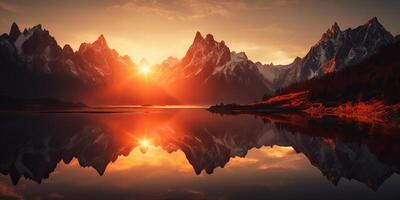 ai généré. ai génératif. magnifique illustratration photo ou Montagne Lac le coucher du soleil. aventure calme ambiance. graphique art