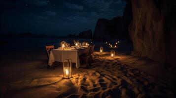 romantique a la chandelle dîner sur une isolé plage avec doux sables. ai génératif photo