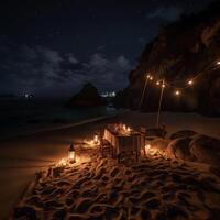 romantique a la chandelle dîner sur une isolé plage avec doux sables. ai génératif photo