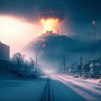 une foncé hiver paysage avec une nucléaire explosion dans le ciel. illustration de des peintures. génératif ai. photo