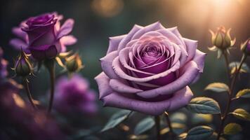 magnifique violet des roses avec une brillant le coucher du soleil briller, ai généré photo