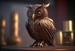 métal steampunk hibou statue sur Haut de une tableau. génératif ai. numérique art illustration photo