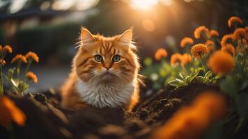 Orange chat dans fleur jardin, ai généré photo