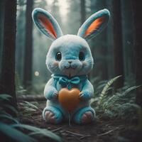 un abandonné lapin poupée dans le milieu de une foncé forêt, ai généré photo