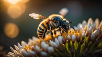 macro coup de une abeille sur une fleur avec chatoyant le coucher du soleil lumière, ai généré photo