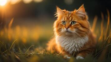 mignonne Orange chat sur une champ de herbe avec chatoyant le coucher du soleil lumière, ai généré photo