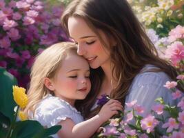 mère et fille embrassement dans le fleur jardin, ai généré photo