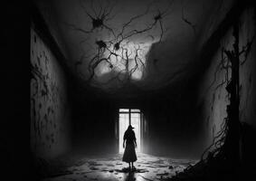 illustration de le sombre, sinistre, et tendu atmosphère à l'intérieur une psychiatrique hôpital, ai généré photo