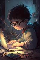 illustration de une garçon travail sur le sien ordinateur portable, ai génératif photo