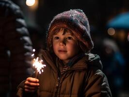 une enfant en portant une feu d'artifice. ai génératif photo