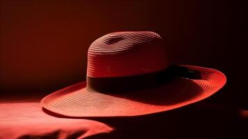 rouge à la mode élégant Panama chapeau studio coup sur rouge Contexte. photo