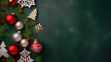 élégant magnifique Noël ornement décoration arbre, pin feuille, verre Balle ornement, et étoile, plat allonger utilisé pour bannière et Contexte ou toile de fond pour saisonnier salutations. photo
