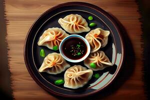 chinois Dumplings dans le assiette sur le table 1 photo