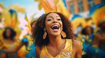 brésilien carnaval. groupe de copains célébrer carnaval faire la fête. illustration ai génératif photo