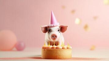 mignonne anniversaire porc avec gâteau. illustration ai génératif photo